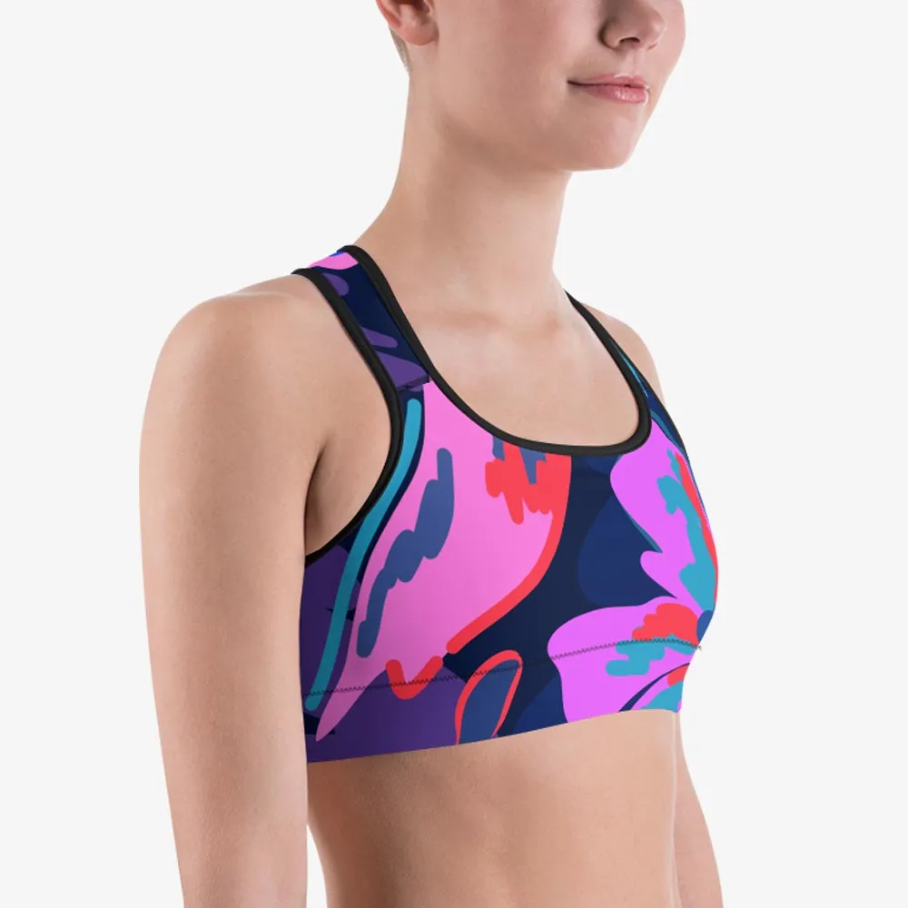 Floral Sports Bra "Flower Splash" Blue/Fuchsia