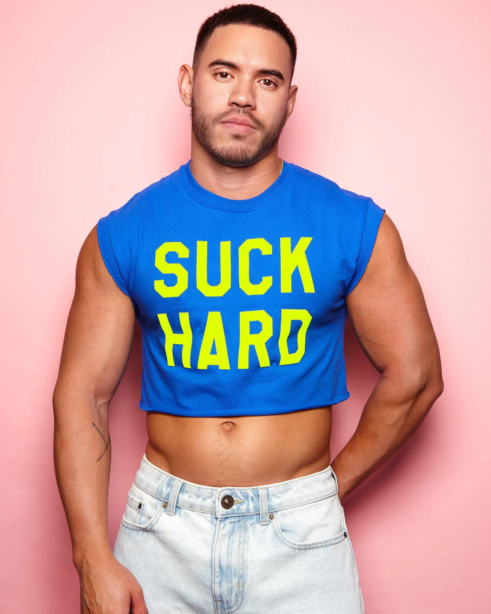 Fluorescent yellow flock suck hard - blue crop top