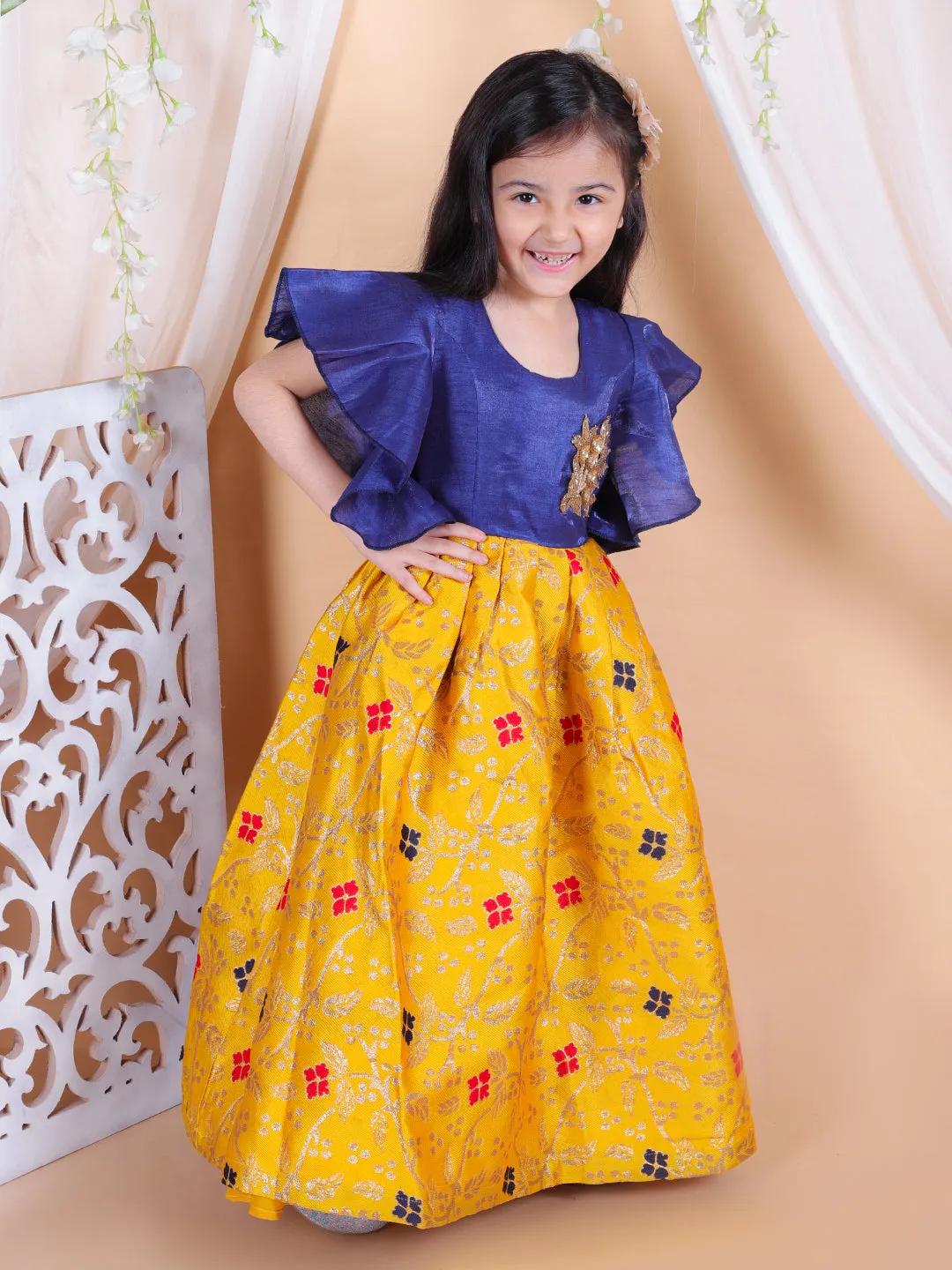 Girls Kids Wear Ruffle Sleeve Jacquard Party Gown- Yellow
