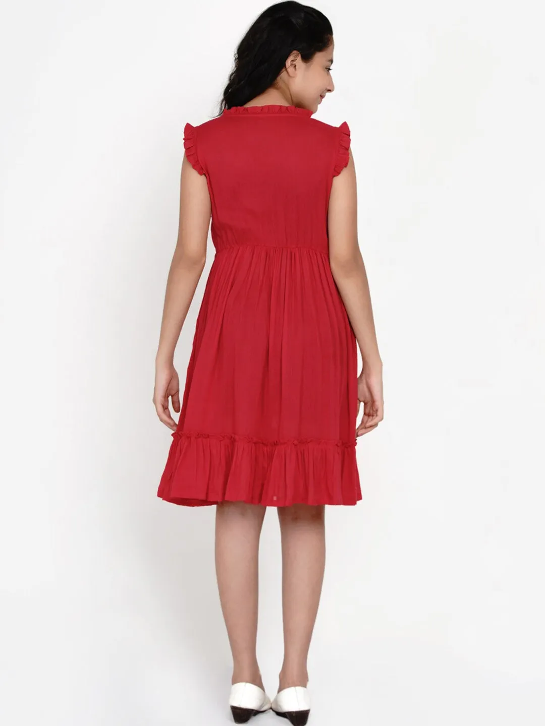 Girls Red Tie-Up Neck Dress