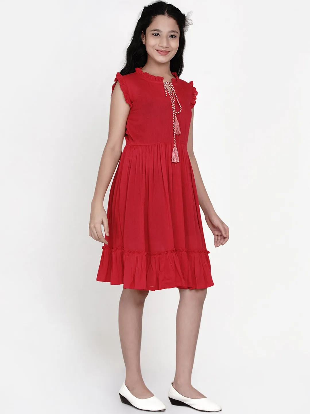 Girls Red Tie-Up Neck Dress