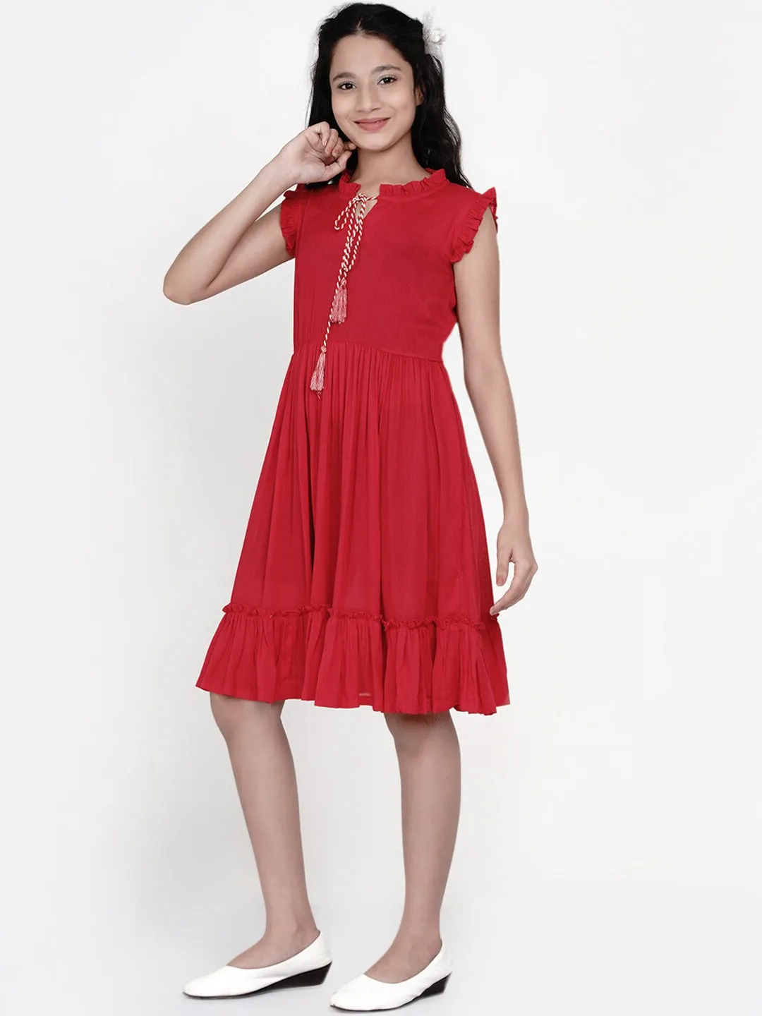 Girls Red Tie-Up Neck Dress