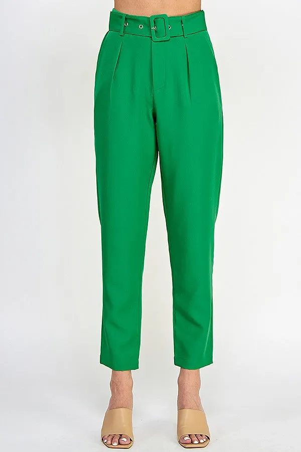Green High Waist Pants With Belt Detail