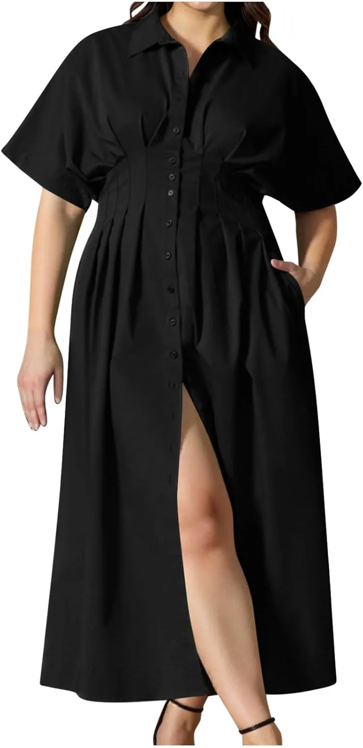 JOAU Women V Neck Button Down Front Pleated Shirt Midi Dress Summer Short Sleeve Lapel Collar A-Line Beach Vacation Dresses