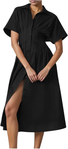 JOAU Women V Neck Button Down Front Pleated Shirt Midi Dress Summer Short Sleeve Lapel Collar A-Line Beach Vacation Dresses