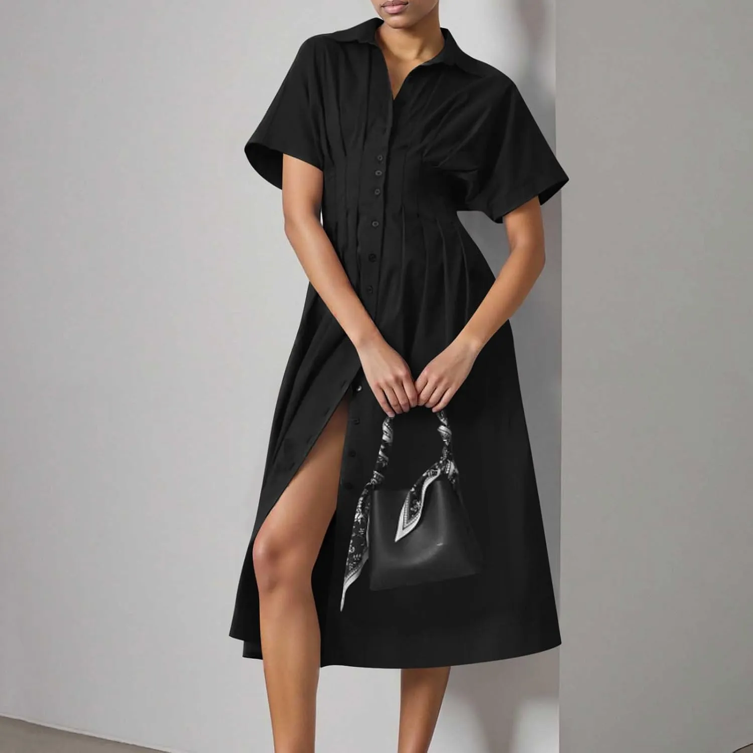 JOAU Women V Neck Button Down Front Pleated Shirt Midi Dress Summer Short Sleeve Lapel Collar A-Line Beach Vacation Dresses