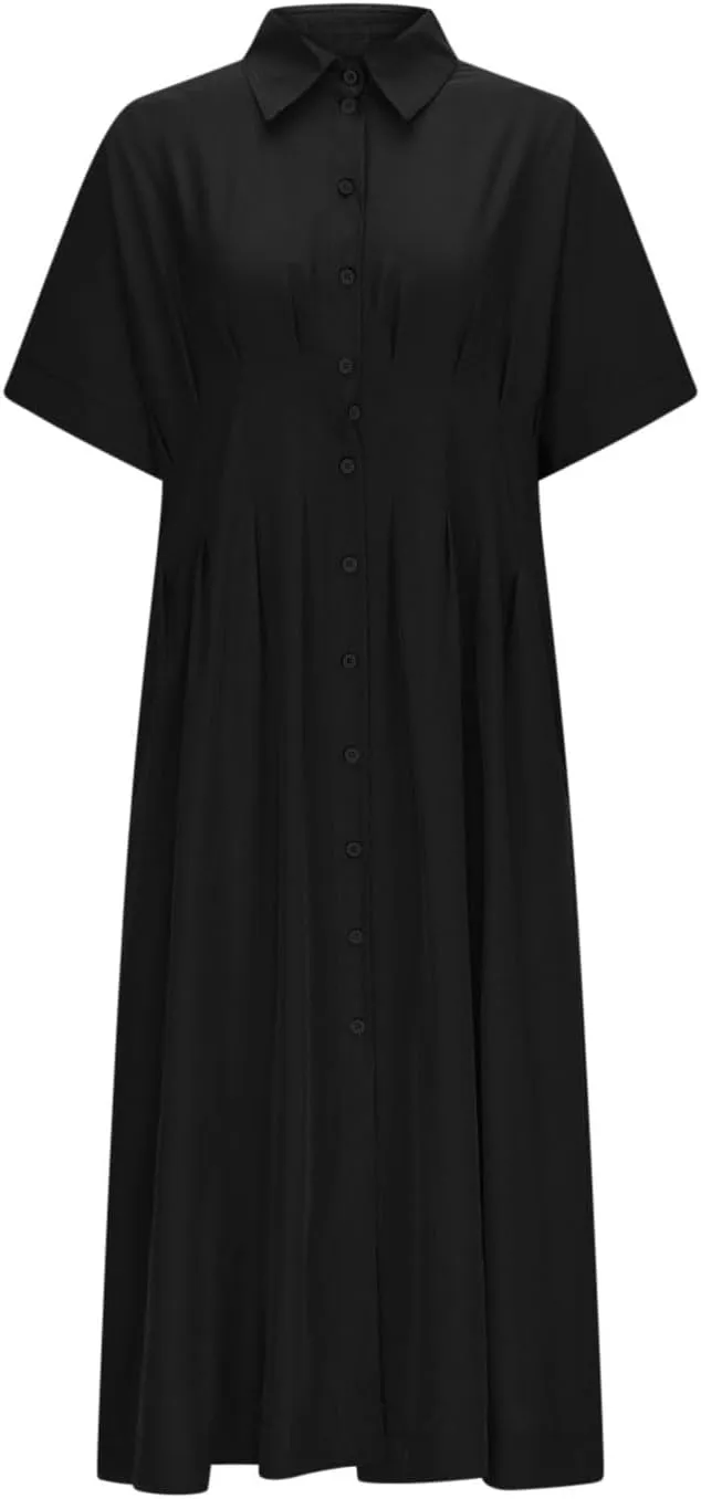 JOAU Women V Neck Button Down Front Pleated Shirt Midi Dress Summer Short Sleeve Lapel Collar A-Line Beach Vacation Dresses