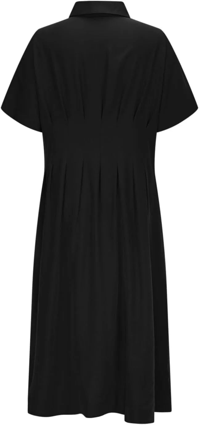 JOAU Women V Neck Button Down Front Pleated Shirt Midi Dress Summer Short Sleeve Lapel Collar A-Line Beach Vacation Dresses