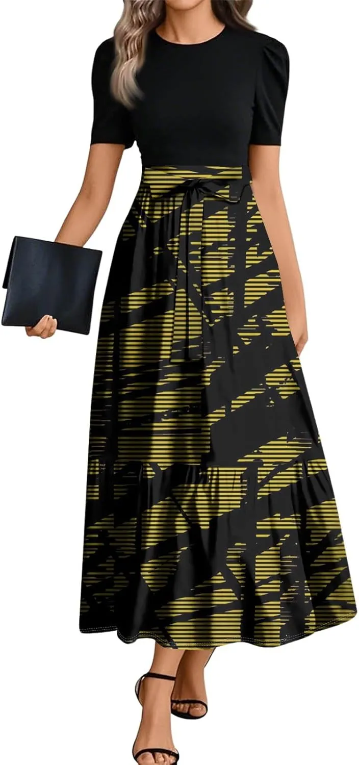Kenvina Women Summer Floral Print Flowy Short Sleeve Dresses Beach Vacation Patchwork Empire Waist Tie Belted Maxi Dress