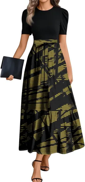 Kenvina Women Summer Floral Print Flowy Short Sleeve Dresses Beach Vacation Patchwork Empire Waist Tie Belted Maxi Dress