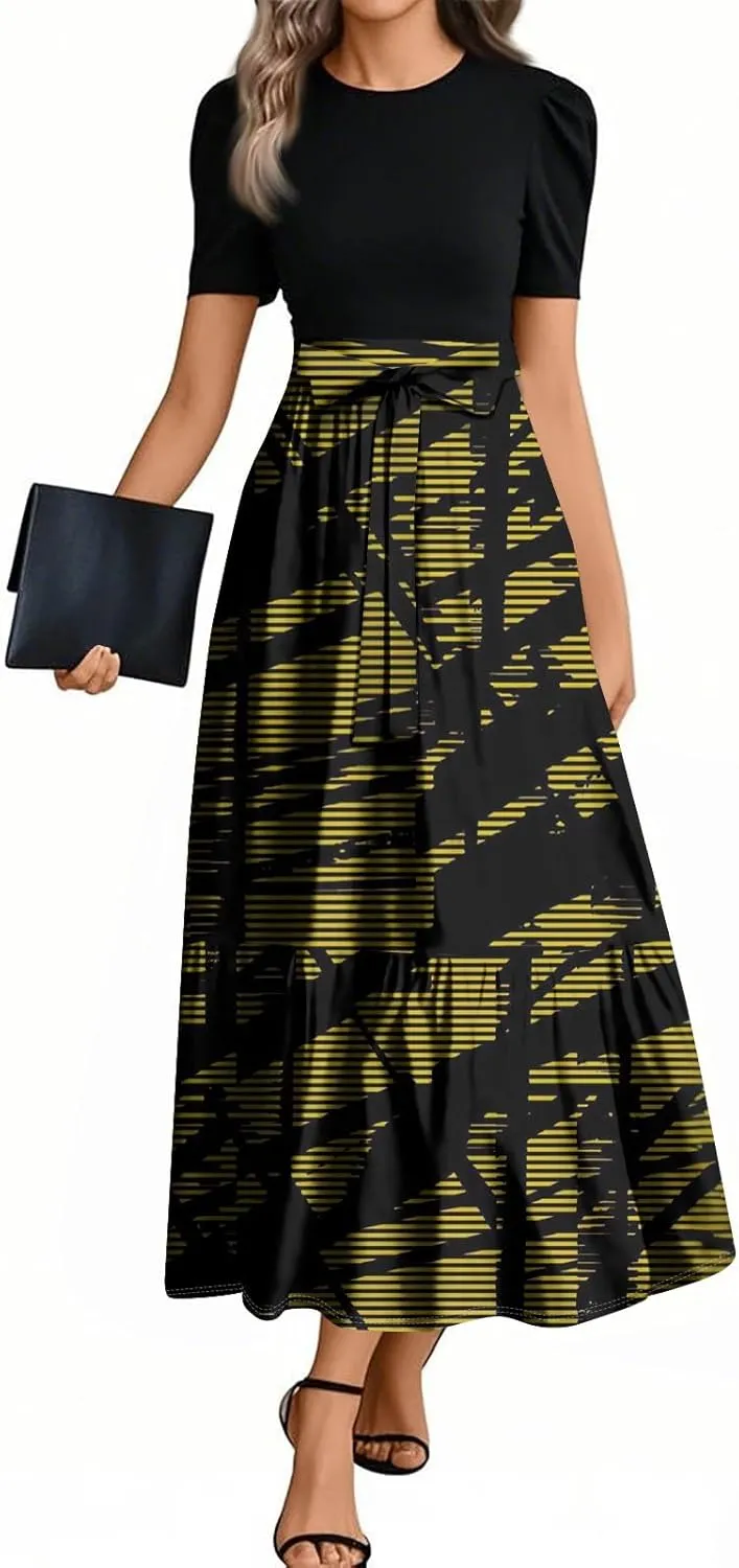 Kenvina Women Summer Floral Print Flowy Short Sleeve Dresses Beach Vacation Patchwork Empire Waist Tie Belted Maxi Dress