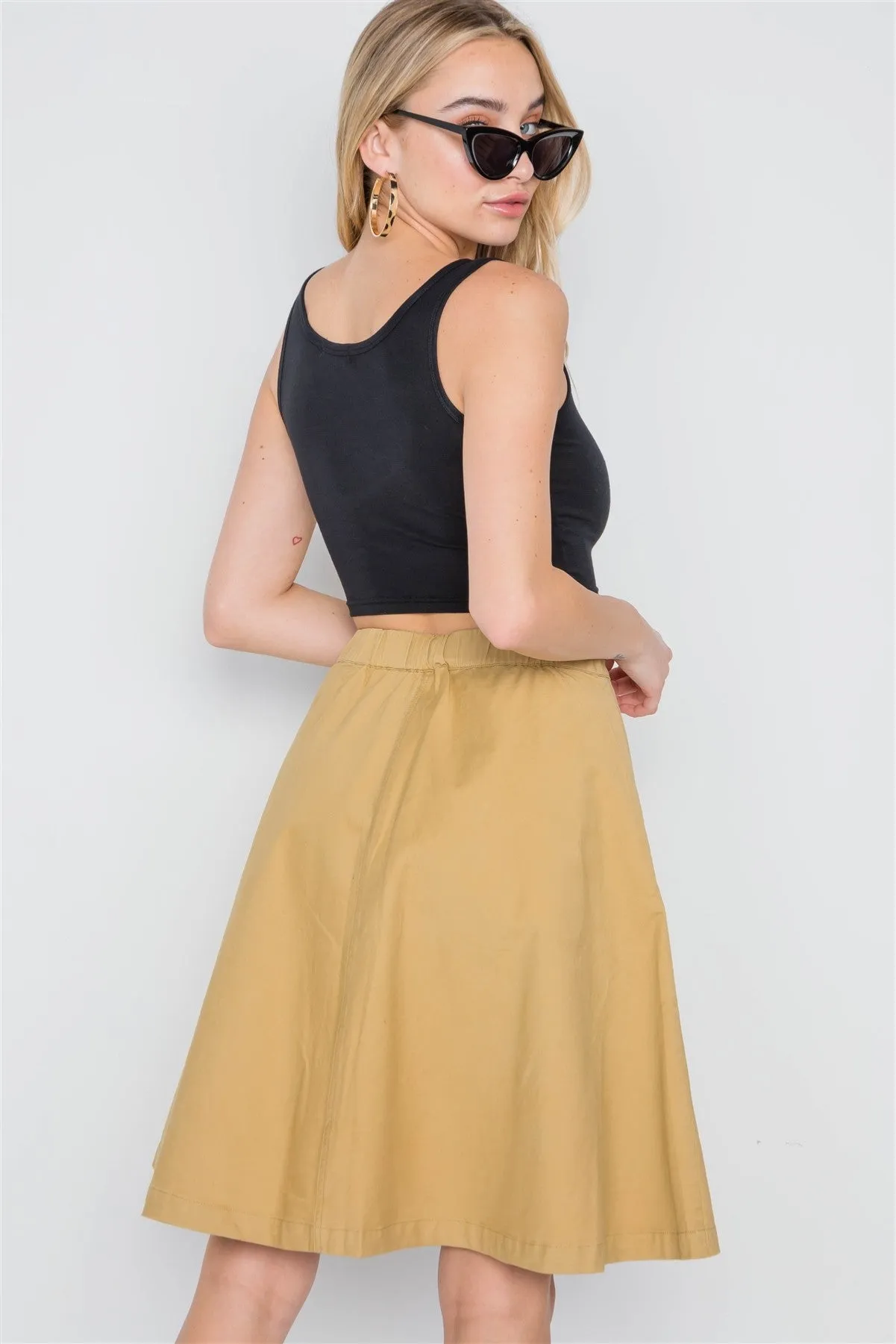 Khaki High Waist Solid A-line Midi Skirt