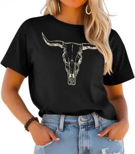 LETSEE Women's Cow Skull Western Rodeo Tops Shirt Boho Cowgirl T Shirt Short Sleeve Casual Tops Graphic Tees