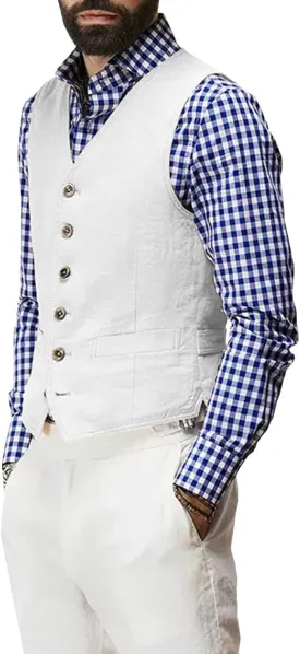 Linen Men's Vest Beach Wedding Waistcoat Summer Casual Suit Vests Groomsmen Dress Top