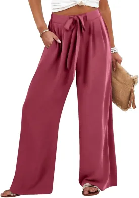 Linen Pants Women Casual Drawstring Waist Pants with Pockets Flowy Wide Leg High Waisted Trousers Travel Clothes