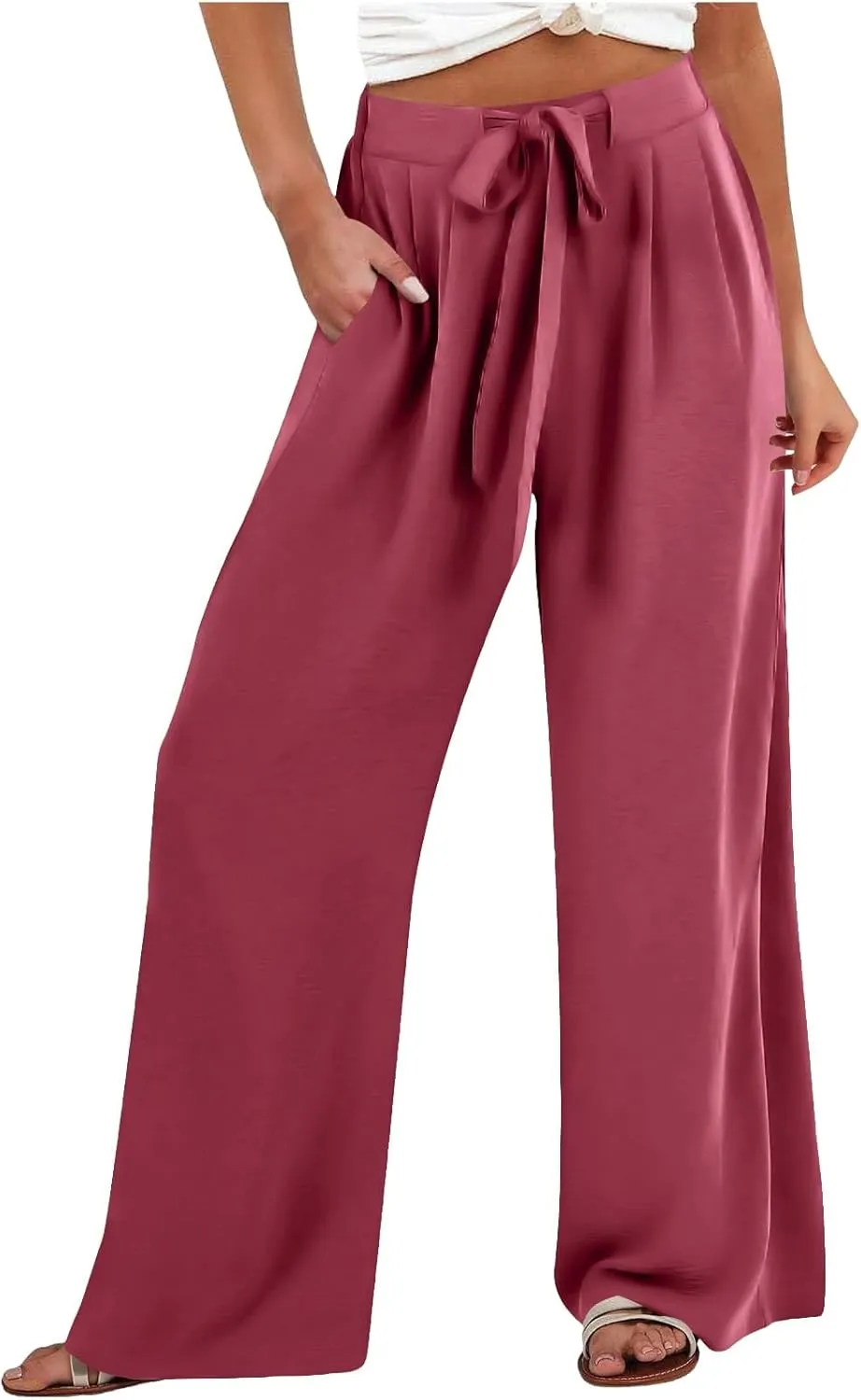 Linen Pants Women Casual Drawstring Waist Pants with Pockets Flowy Wide Leg High Waisted Trousers Travel Clothes