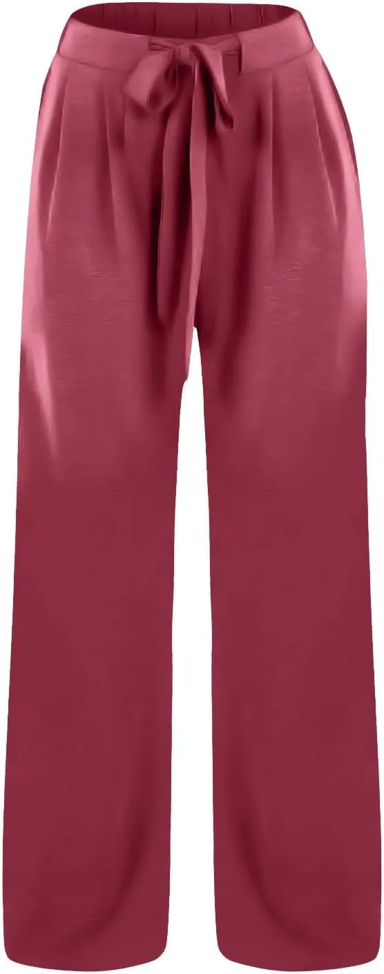 Linen Pants Women Casual Drawstring Waist Pants with Pockets Flowy Wide Leg High Waisted Trousers Travel Clothes