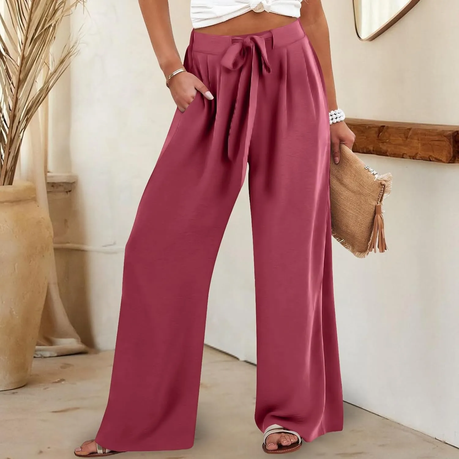 Linen Pants Women Casual Drawstring Waist Pants with Pockets Flowy Wide Leg High Waisted Trousers Travel Clothes