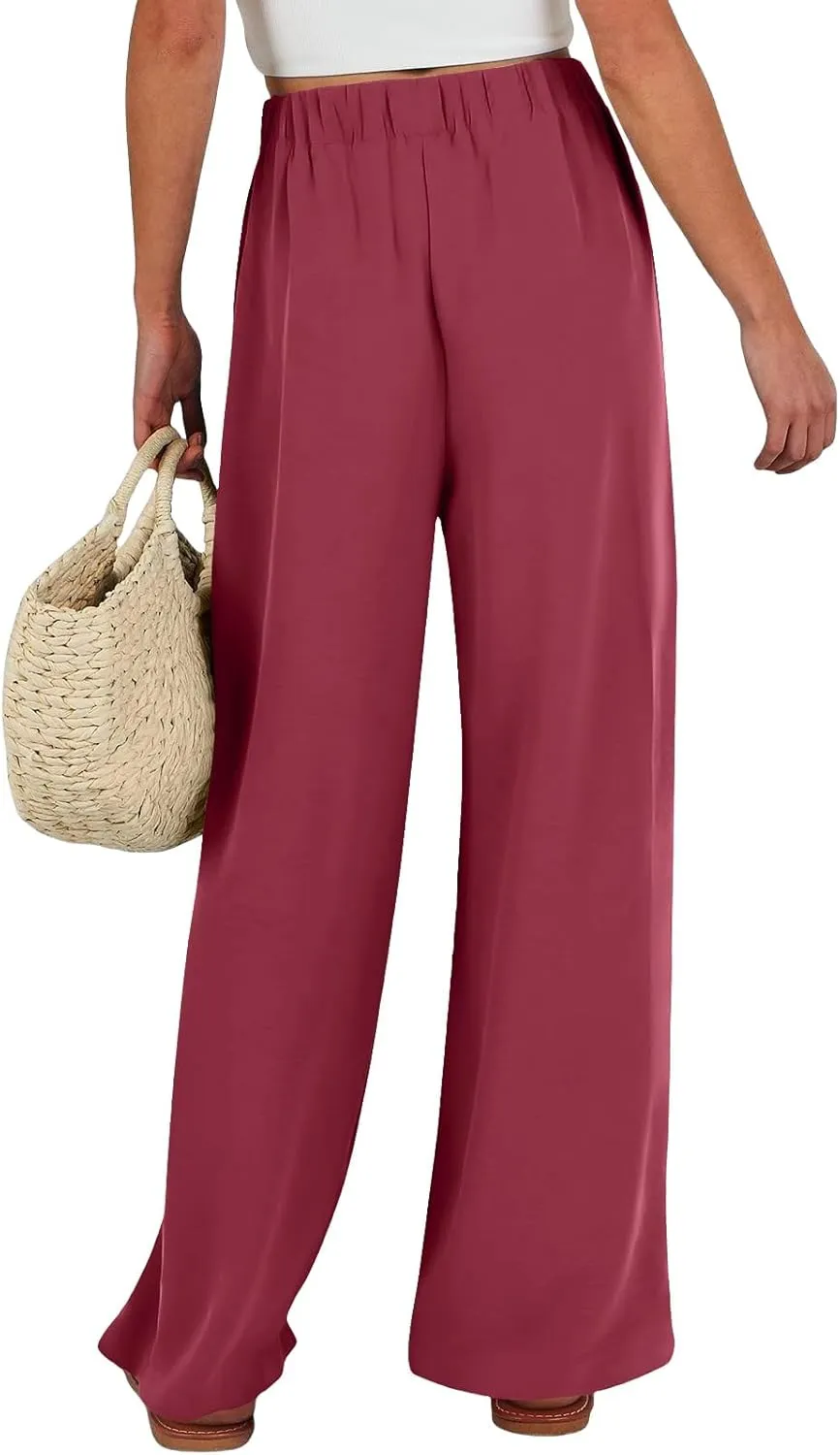 Linen Pants Women Casual Drawstring Waist Pants with Pockets Flowy Wide Leg High Waisted Trousers Travel Clothes