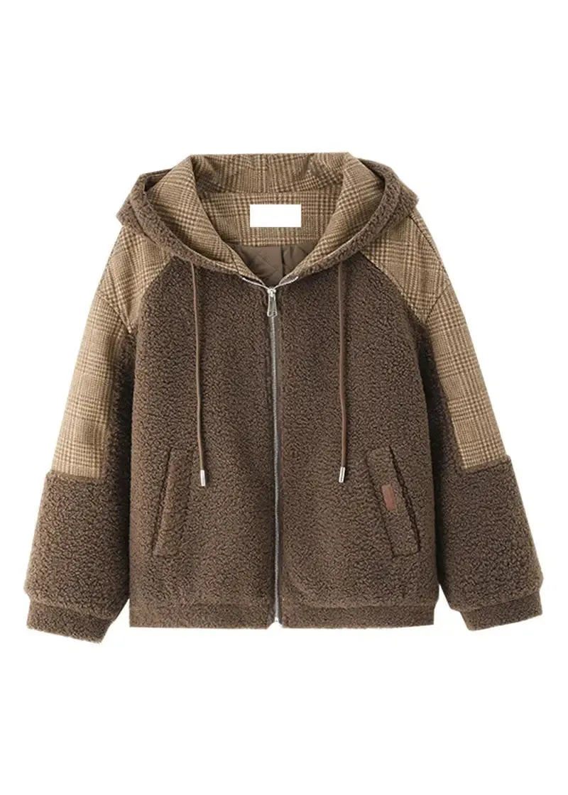 Loose Coffee Zippered Plaid Patchwork Faux Fur Hoodie Coat Fall LY8350