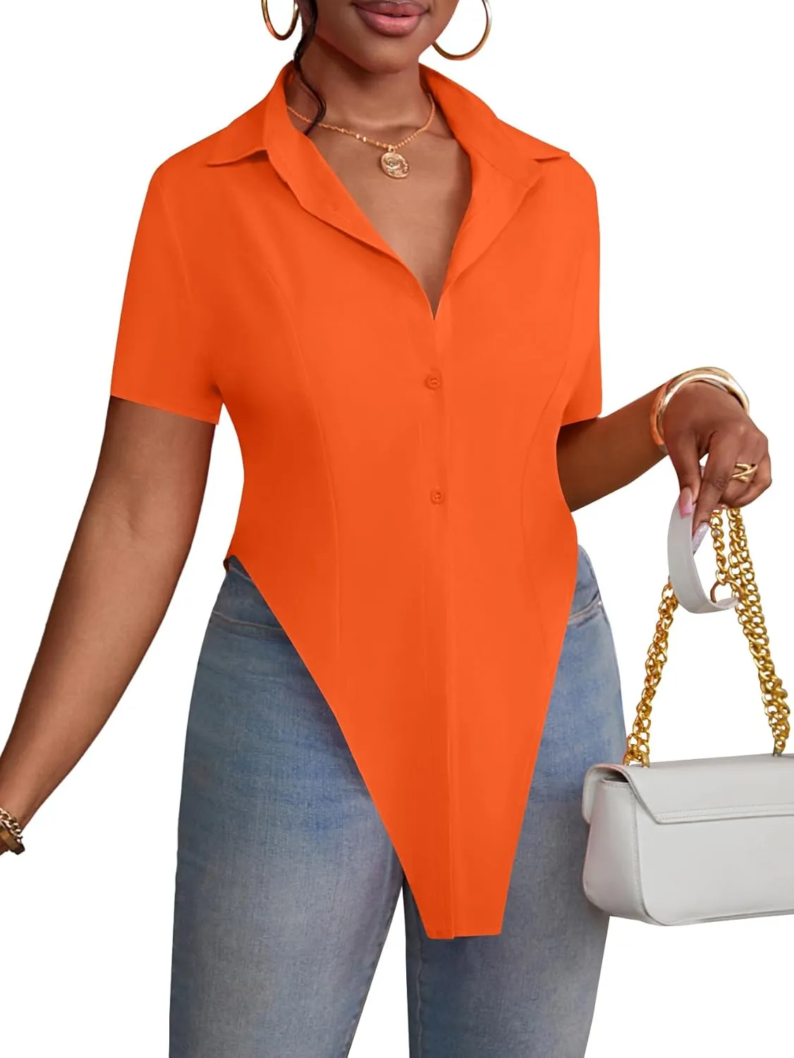 LYANER Women's Collar V Neck Button Front Short Sleeve Slit Hem Long Shirt Blouse Top