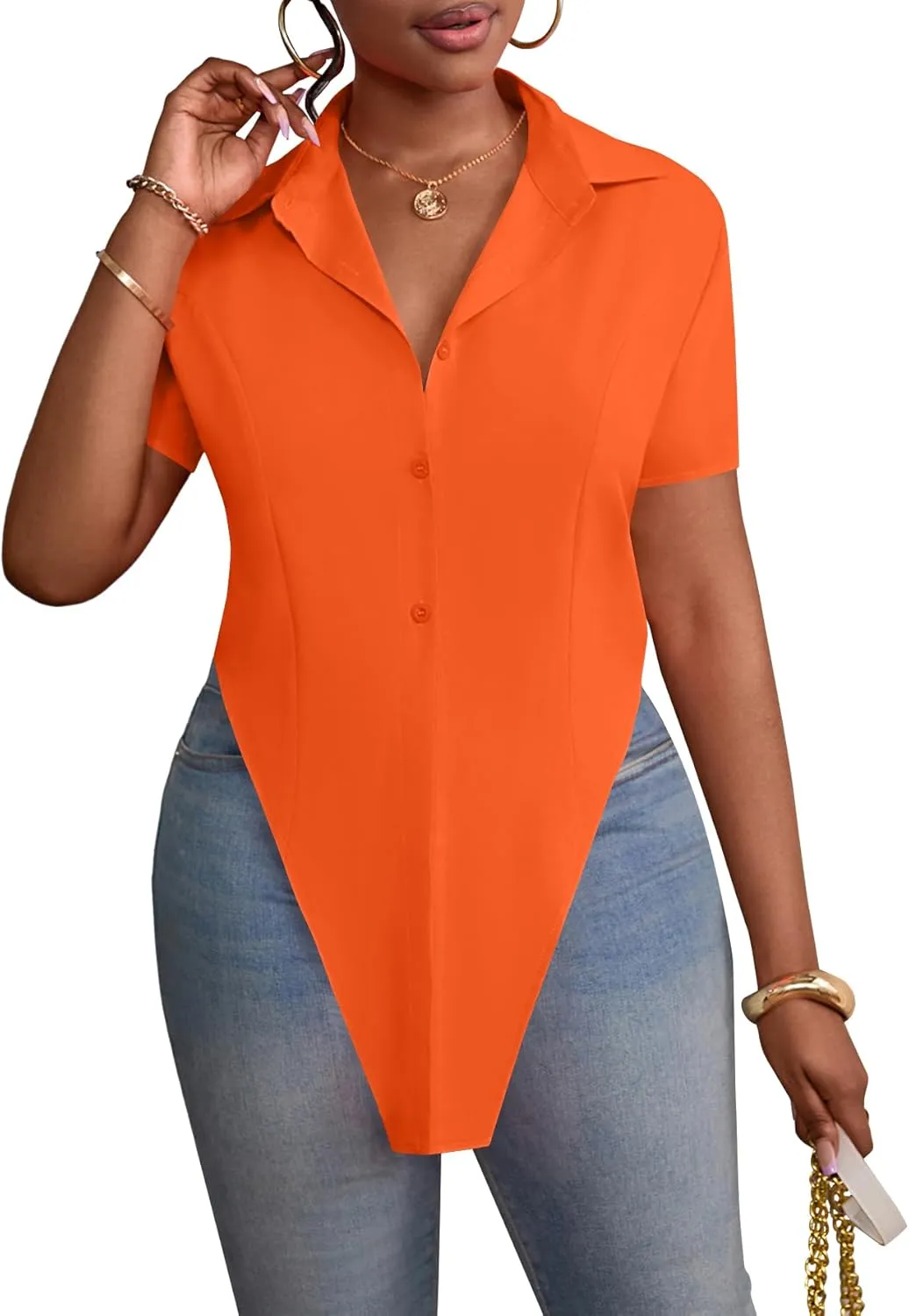 LYANER Women's Collar V Neck Button Front Short Sleeve Slit Hem Long Shirt Blouse Top