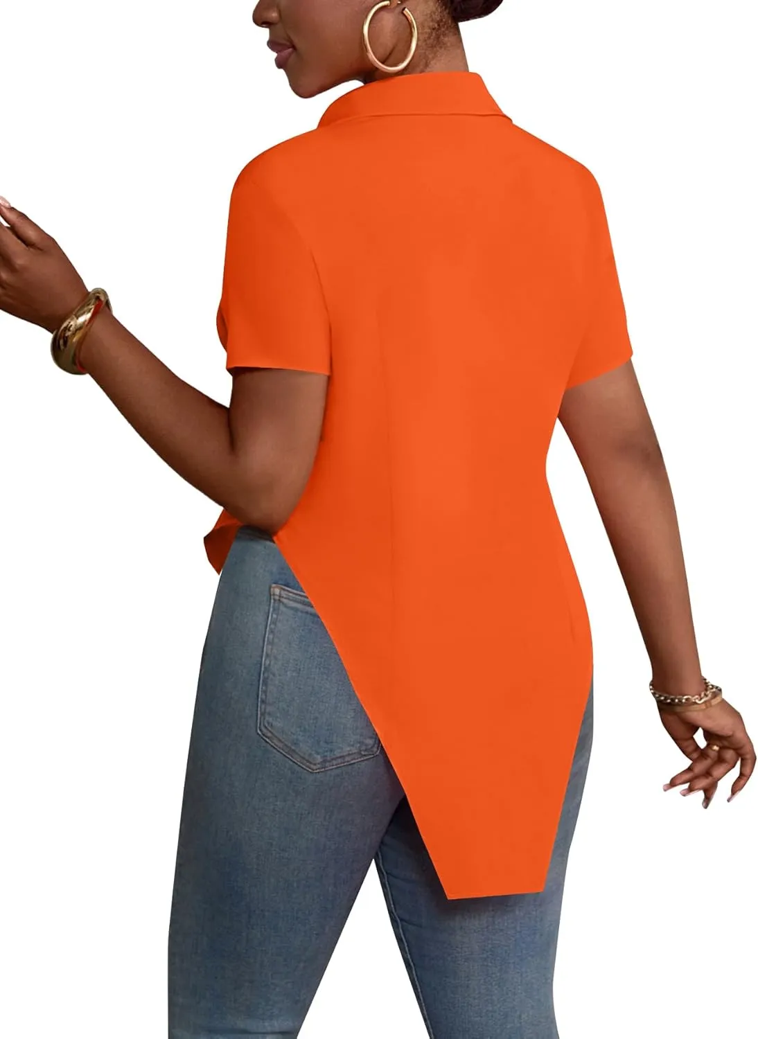 LYANER Women's Collar V Neck Button Front Short Sleeve Slit Hem Long Shirt Blouse Top