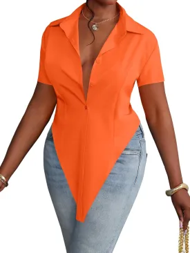 LYANER Women's Collar V Neck Button Front Short Sleeve Slit Hem Long Shirt Blouse Top