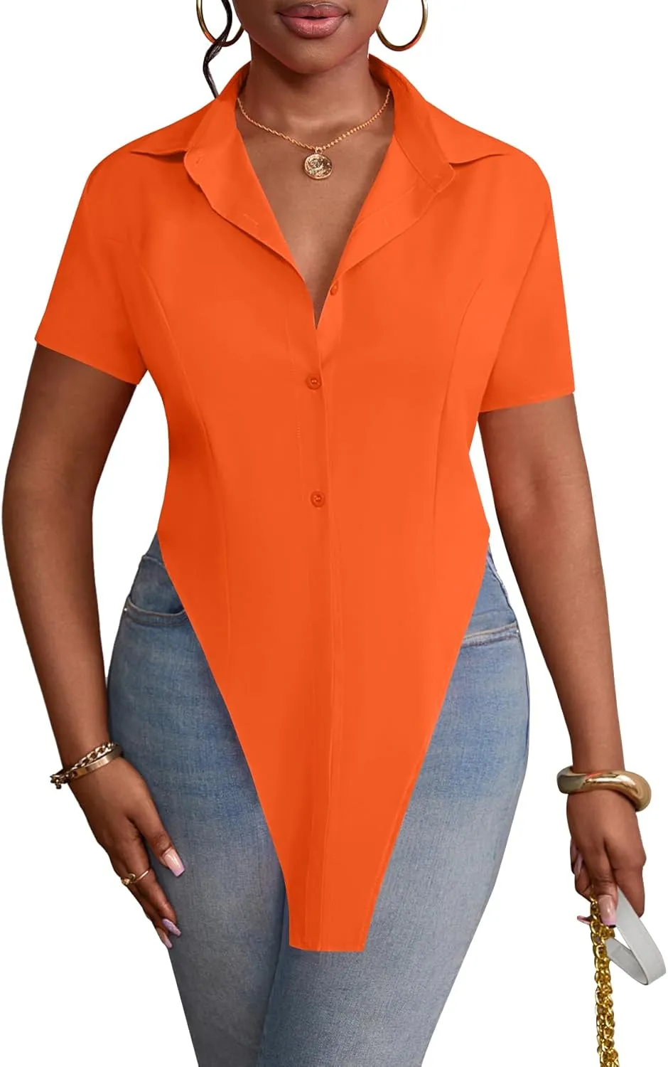 LYANER Women's Collar V Neck Button Front Short Sleeve Slit Hem Long Shirt Blouse Top