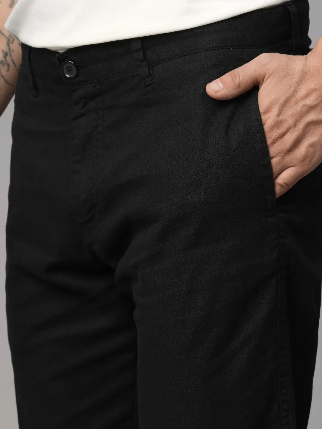 Men's Black Cotton Linen Slim Fit Pant