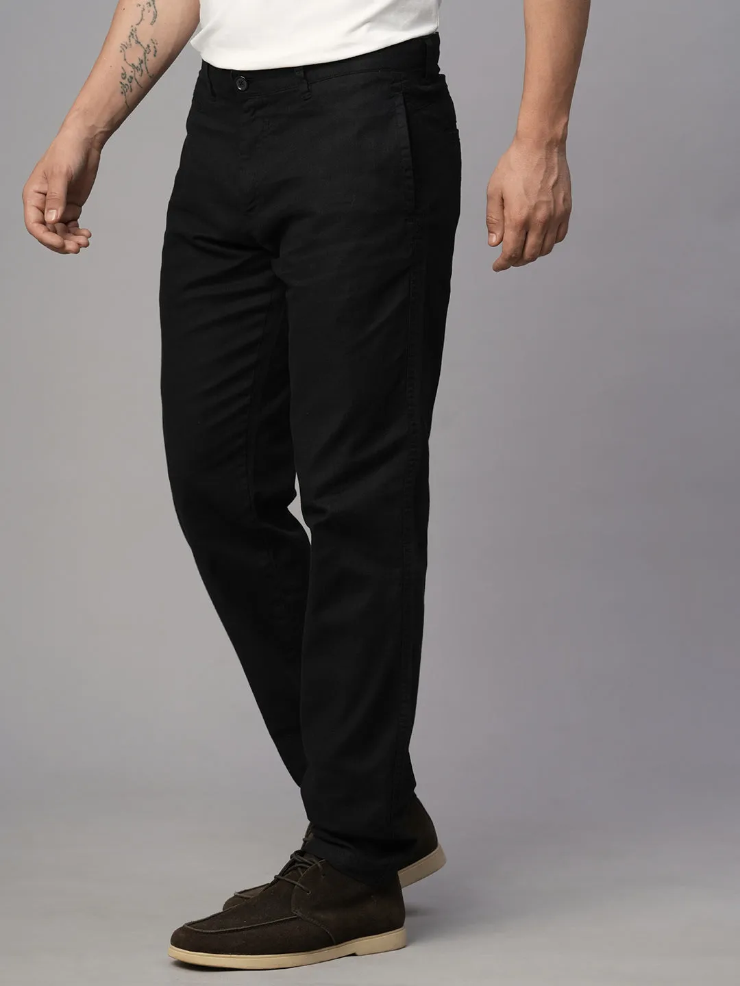 Men's Black Cotton Linen Slim Fit Pant