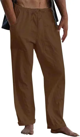 Mens Casual Cotton Linen Pants Elastic Waist Linen Pants Drawstring Summer Beach Yoga Soft Trouser
