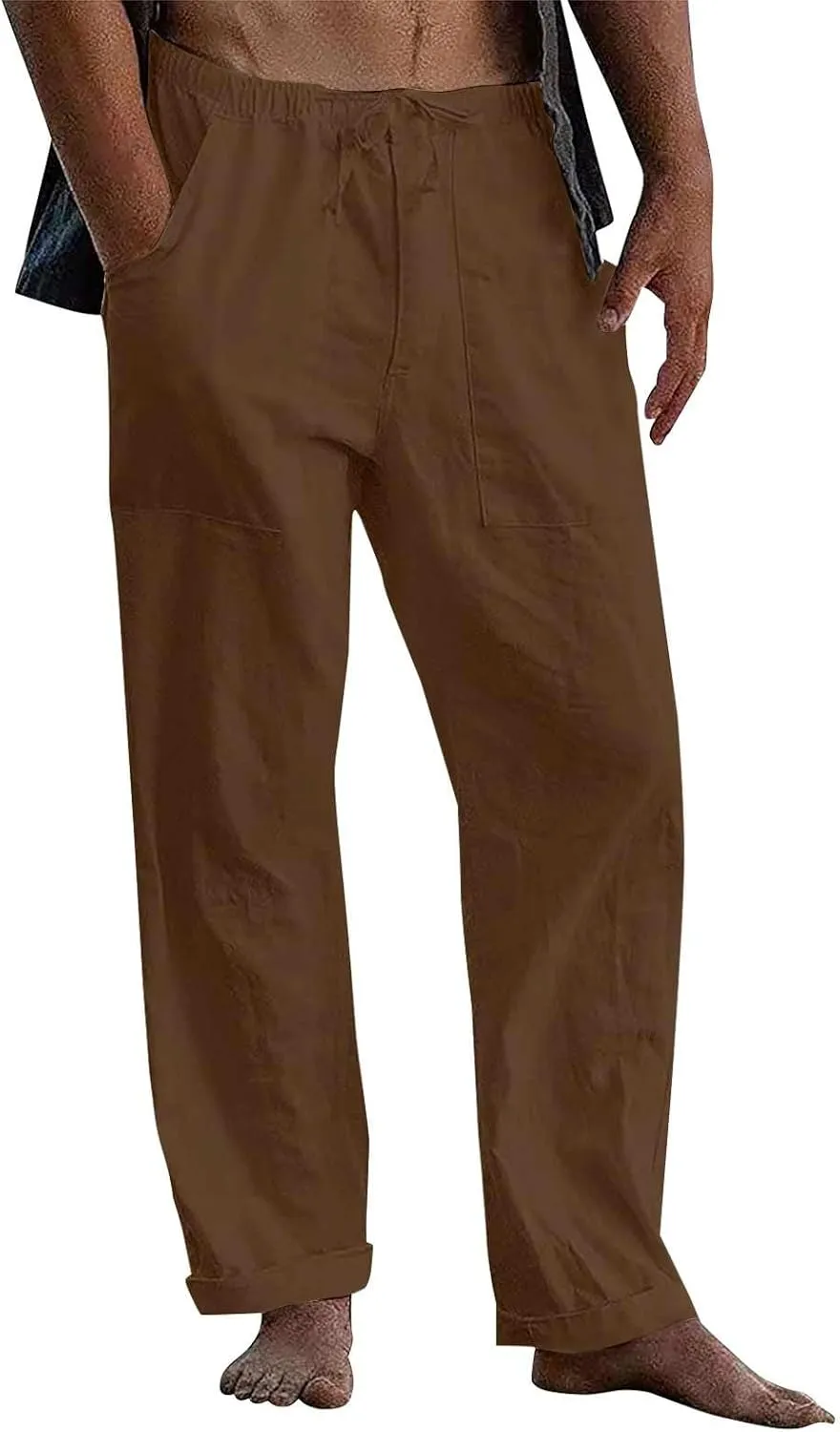 Mens Casual Cotton Linen Pants Elastic Waist Linen Pants Drawstring Summer Beach Yoga Soft Trouser
