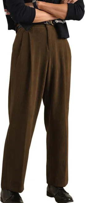 Mens Corduroy Pants Vintage Casual Straight Leg Classic Fit Pleated Dress Pants