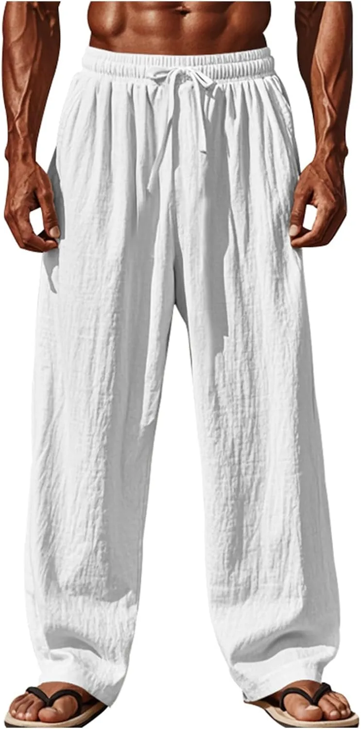 Mens Straight Loose Baggy Lightweight Lace Up Elastic Casual Yoga Sweatpants Travel Lounge Beach Trousers Pants