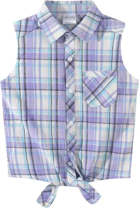 Noomelfish Girls Plaid Sleeveless Button Down Shirt Tie Knot Blouse Tank Tops (5-12 Years)