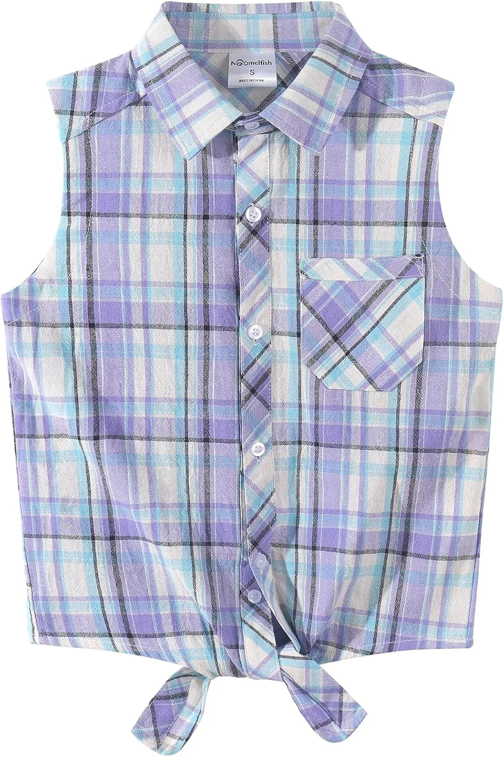 Noomelfish Girls Plaid Sleeveless Button Down Shirt Tie Knot Blouse Tank Tops (5-12 Years)