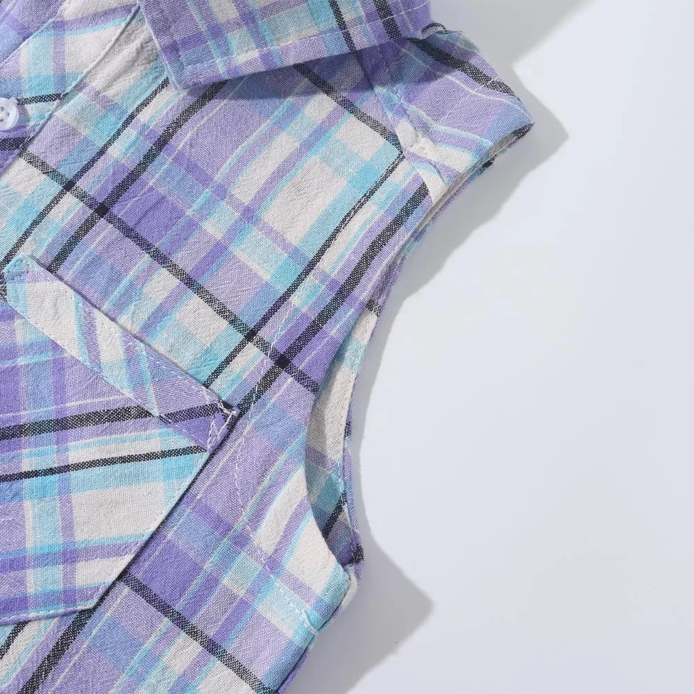 Noomelfish Girls Plaid Sleeveless Button Down Shirt Tie Knot Blouse Tank Tops (5-12 Years)