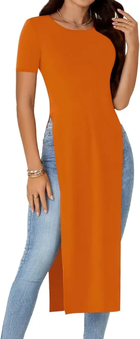 OPOIPIN Women's Crew Neck Split Slit Hem Short Sleeve Slim Fit Tee Top Long Shirt Tunic