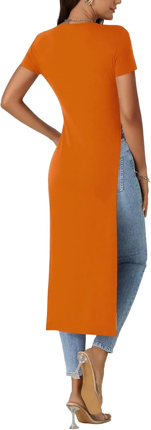 OPOIPIN Women's Crew Neck Split Slit Hem Short Sleeve Slim Fit Tee Top Long Shirt Tunic