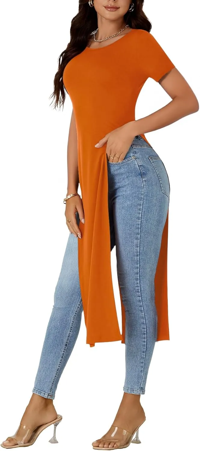 OPOIPIN Women's Crew Neck Split Slit Hem Short Sleeve Slim Fit Tee Top Long Shirt Tunic