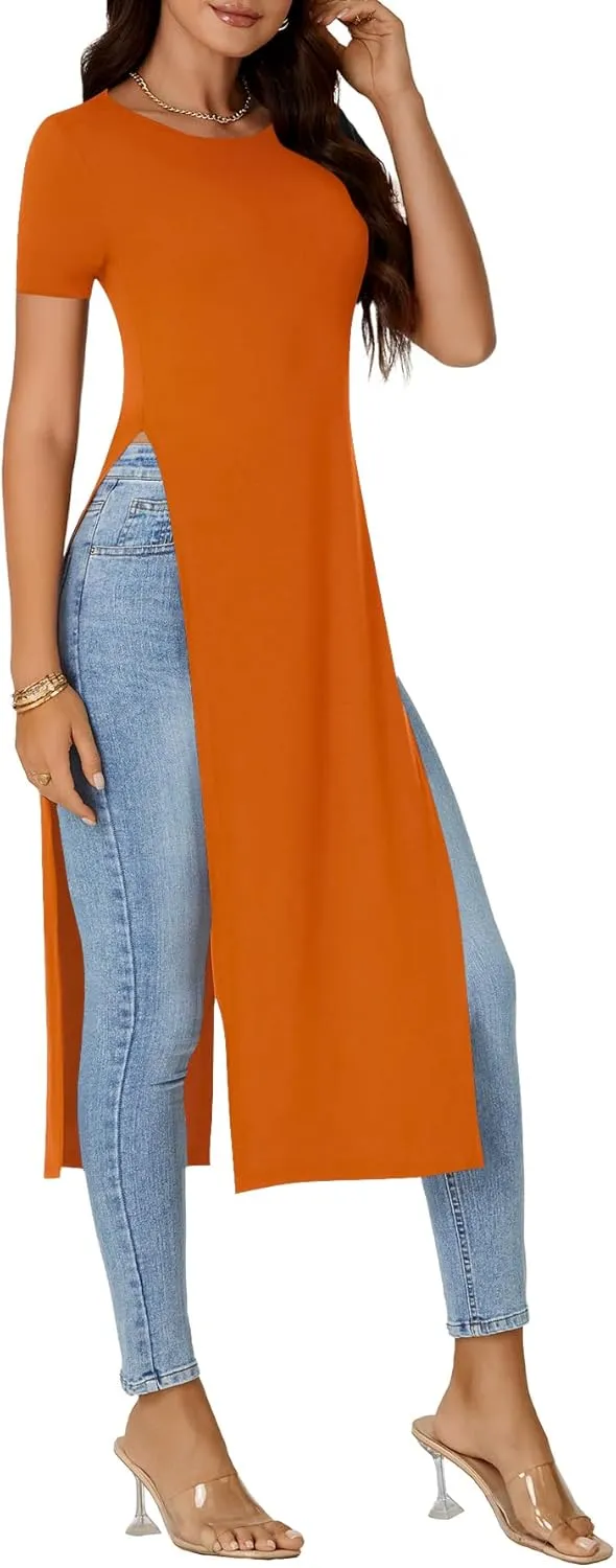 OPOIPIN Women's Crew Neck Split Slit Hem Short Sleeve Slim Fit Tee Top Long Shirt Tunic