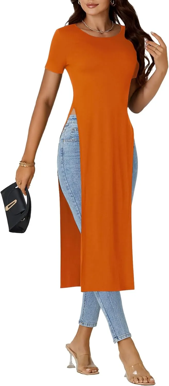 OPOIPIN Women's Crew Neck Split Slit Hem Short Sleeve Slim Fit Tee Top Long Shirt Tunic