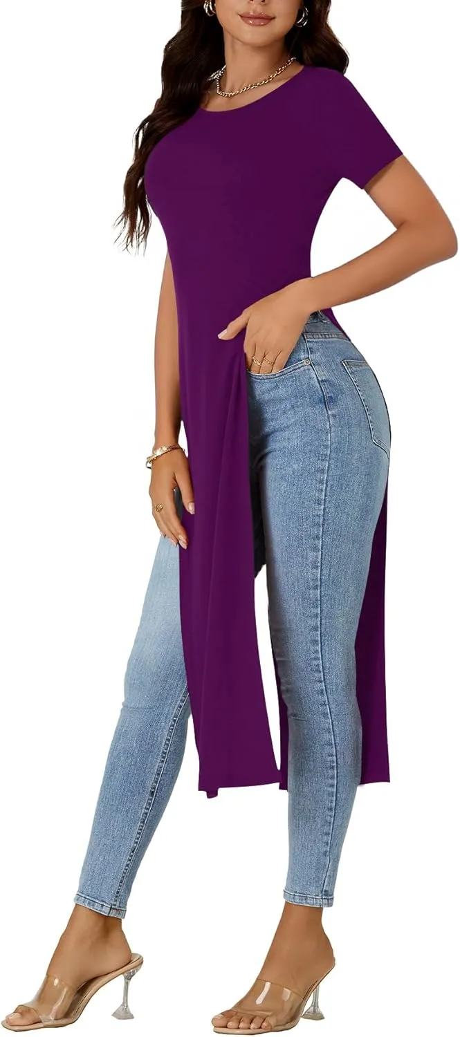 OPOIPIN Women's Crew Neck Split Slit Hem Short Sleeve Slim Fit Tee Top Long Shirt Tunic