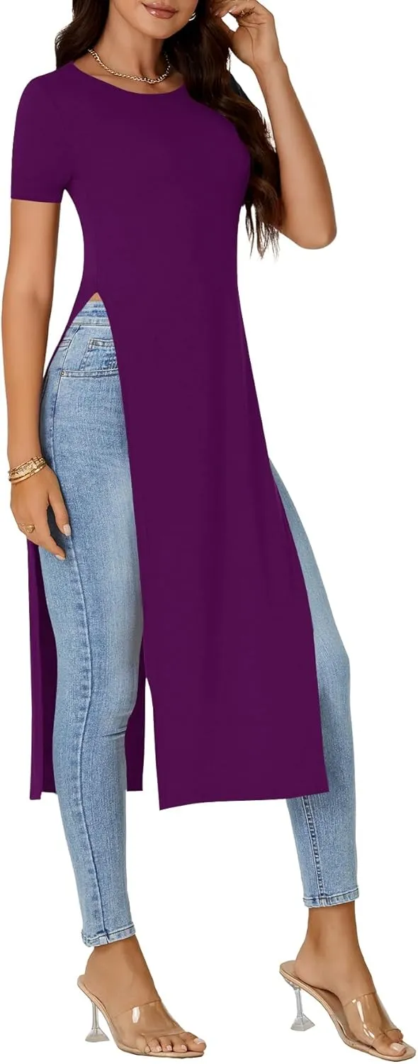 OPOIPIN Women's Crew Neck Split Slit Hem Short Sleeve Slim Fit Tee Top Long Shirt Tunic