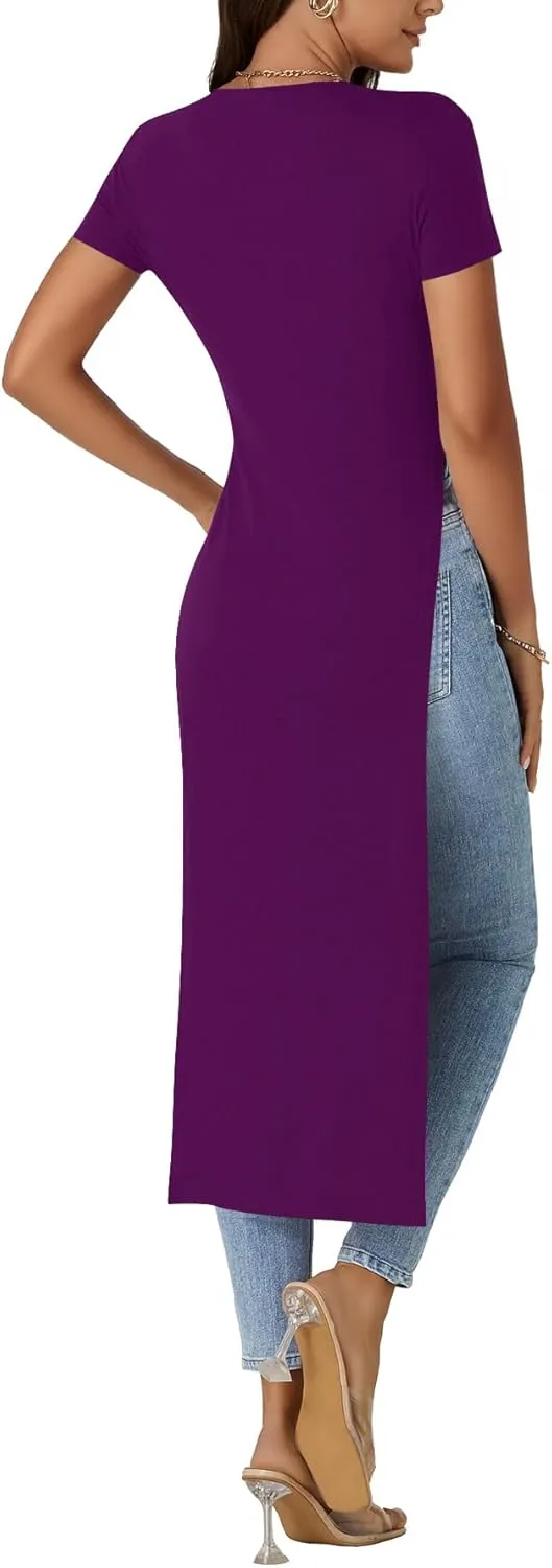 OPOIPIN Women's Crew Neck Split Slit Hem Short Sleeve Slim Fit Tee Top Long Shirt Tunic