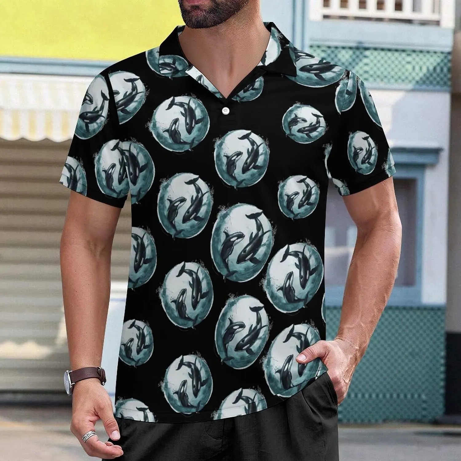 Orca Whale Mens Polo Shirts Short Sleeve Mesh Gym T-Shirt Summer Tee Top