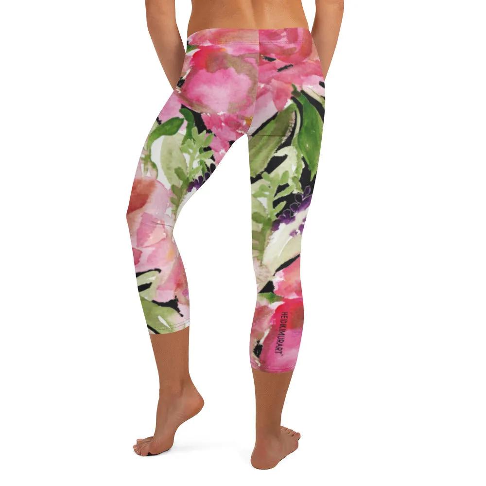 Pink Floral Women's Capri Leggings, Floral Casual Tights Floral Designer Casual 38–40 UPF Capri Leggings Activewear Outfit - Made in USA/EU/MX (US Size: XS-XL)