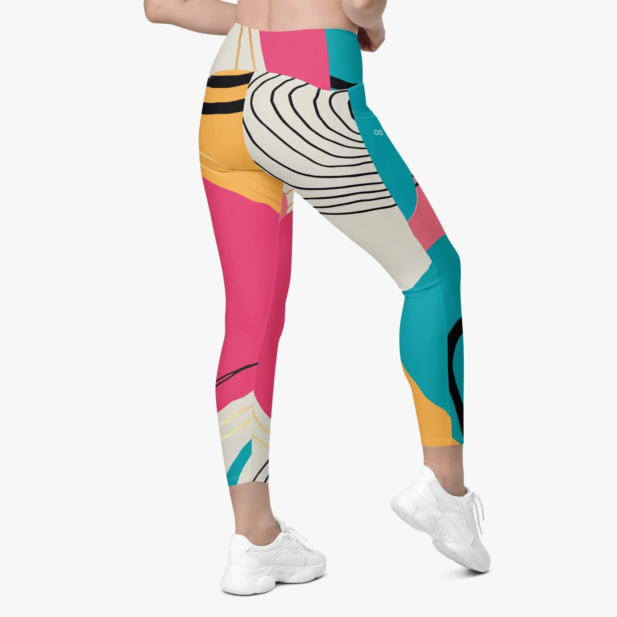 Recycled Patterned Leggings "Modernist" Fuchsia/Turquoise with Pockets