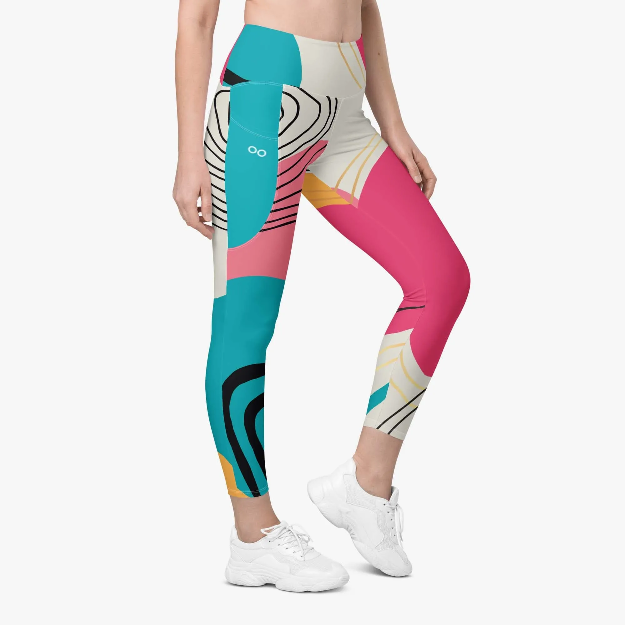 Recycled Patterned Leggings "Modernist" Fuchsia/Turquoise with Pockets